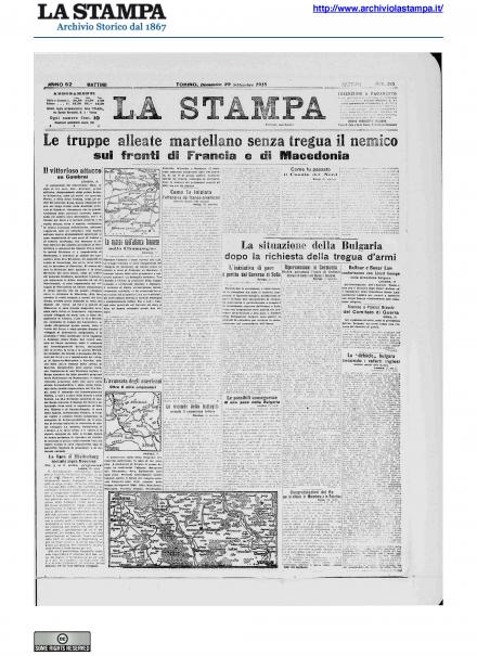 La prima pagina de La Stampa del 29 settembre 1918