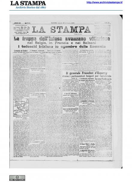 La prima pagina de La Stampa del 30 settembre 1918
