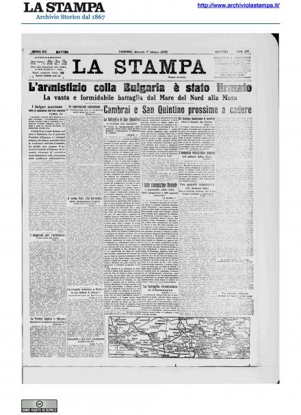 La prima pagina de La Stampa del primo ottobre 1918