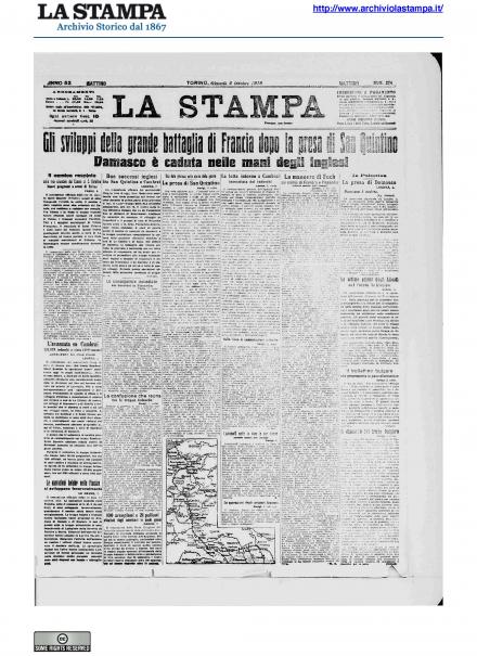 La prima pagina de La Stampa del 3 ottobre 1918