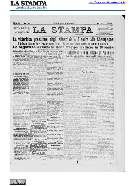 La prima pagina de La Stampa del 4 ottobre 1918