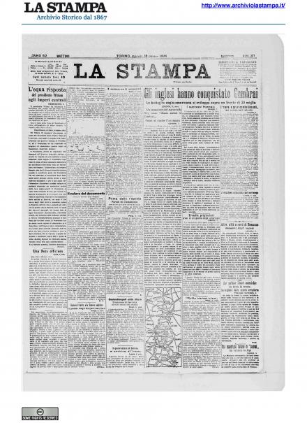 La prima pagina de La Stampa del 10 ottobre 1918