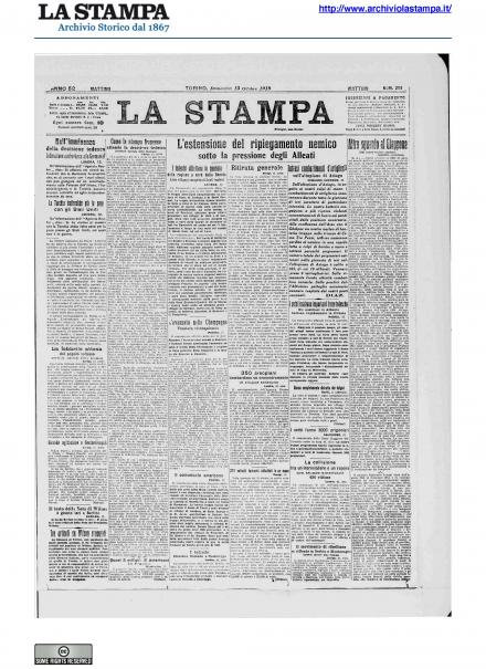 La prima pagina de La Stampa del 13 ottobre 1918