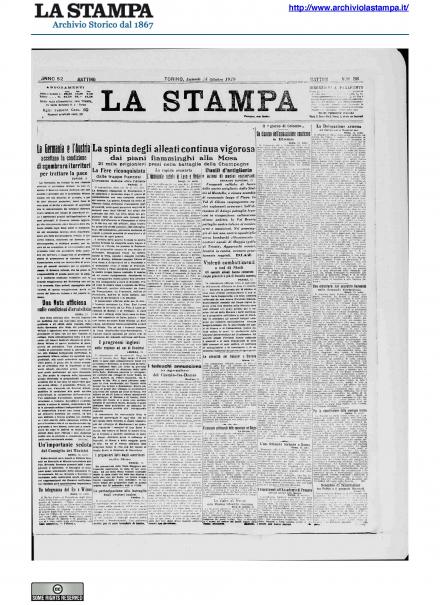 La prima pagina de La Stampa del 14 ottobre 1918