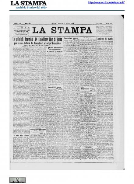La prima pagina de La Stampa del 15 ottobre 1918