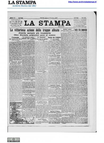 La prima pagina de La Stampa del 22 ottobre 1918