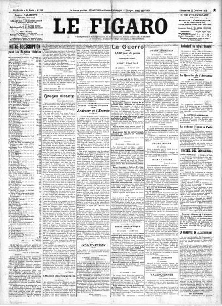La prima pagina de Le Figaro del 27 ottobre 1918