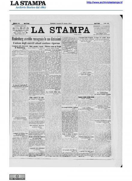 La prima pagina de La Stampa del 28 ottobre 1918