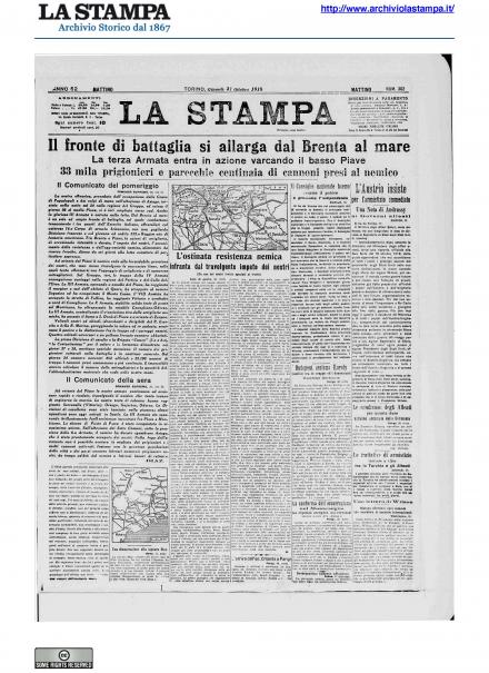 La prima pagina de La Stampa del 31 ottobre 1918