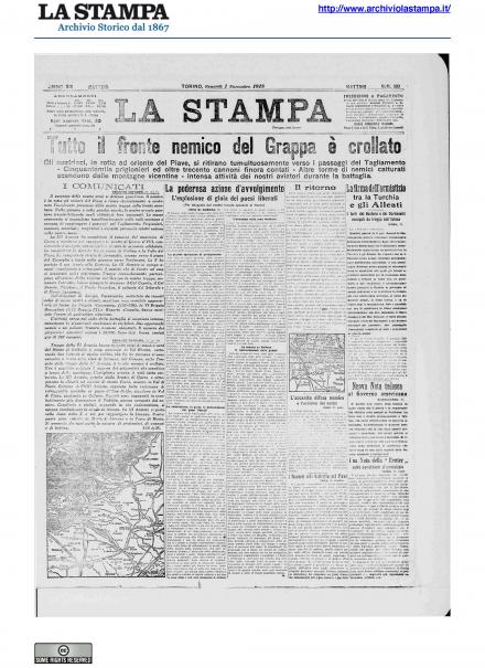 La prima pagina de La Stampa del primo novembre 1918