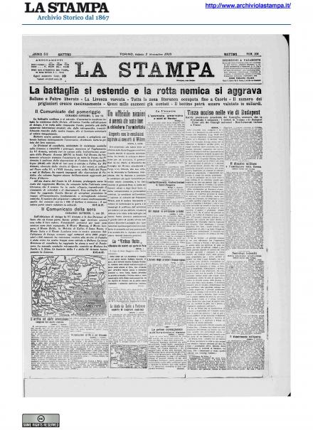 La prima pagina de La Stampa del 2 novembre 1918
