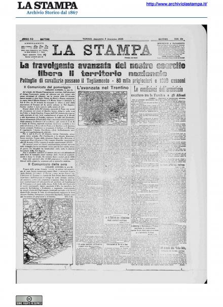 La prima pagina de La Stampa del 3 novembre 1918