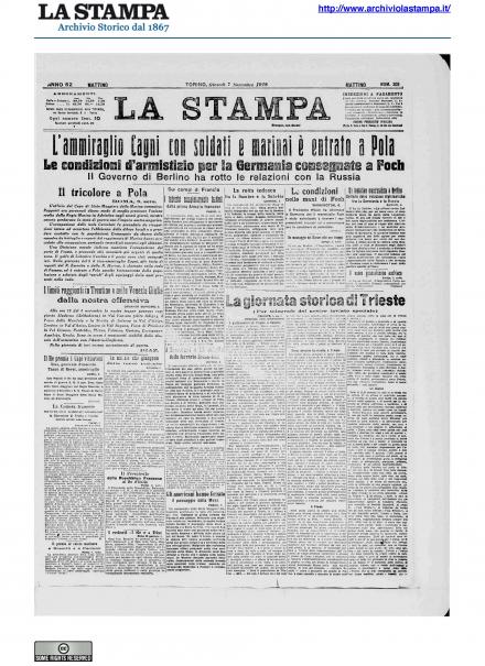 La prima pagina de La Stampa del 7 novembre 1918