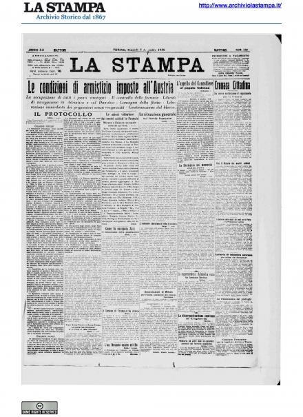 La prima pagina de La Stampa del 8 novembre 1918