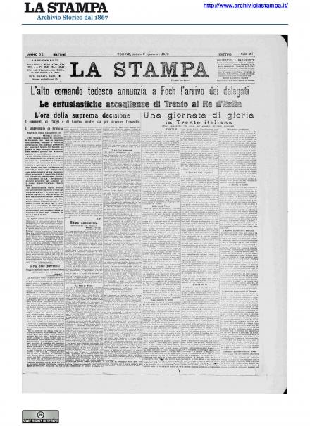 La prima pagina de La Stampa del 9 novembre 1918