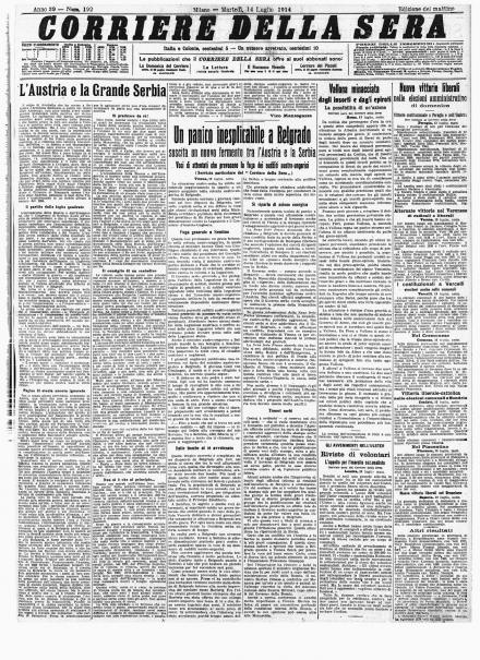 La prima pagina del Corriere della Sera del 14 luglio 1914