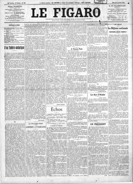 La prima pagina di Le Figaro del 14 luglio 1914