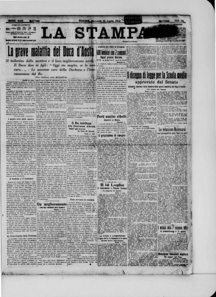 La prima pagina de La Stampa del 15 luglio 1914