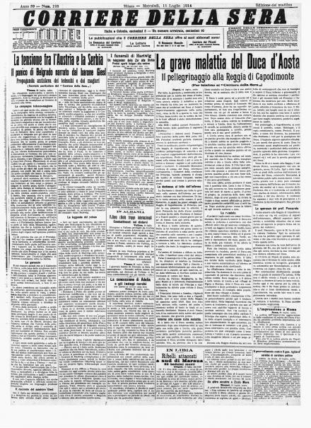 La prima pagina del Corriere della Sera del 15 luglio 1914