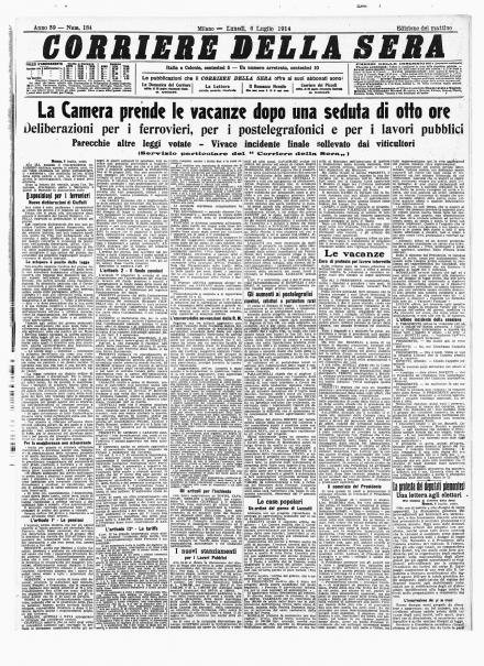 La prima pagina del Corriere della Sera del 6 luglio 1914