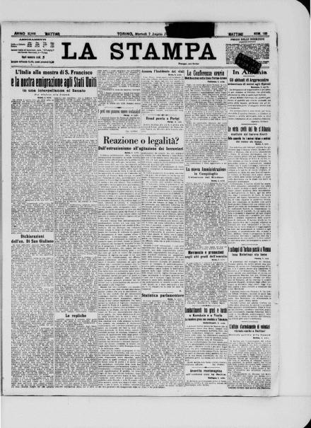 La prima pagina de La Stampa del 7 luglio 1914