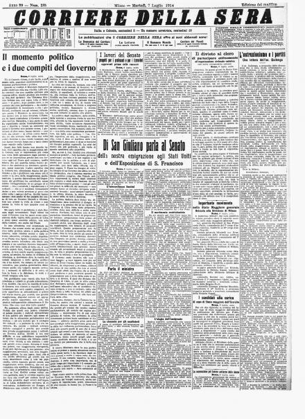 La prima pagina del Corriere della Sera del 7 luglio 1914