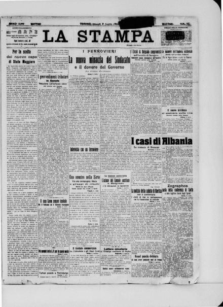 La prima pagina de La Stampa del 9 luglio 1914