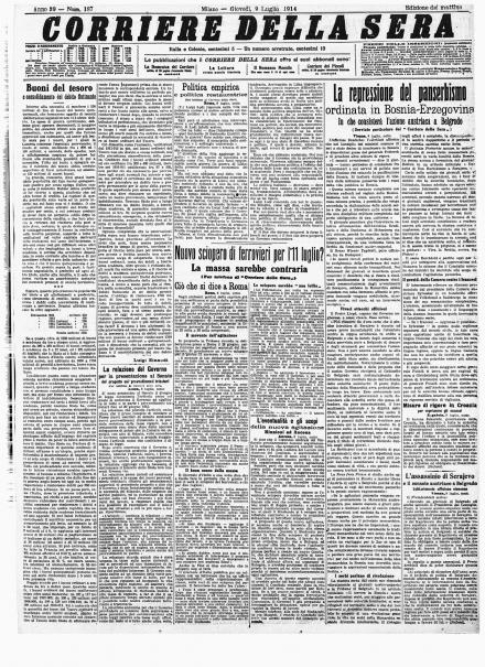 La prima pagina del Corriere della Sera del 9 luglio 1914