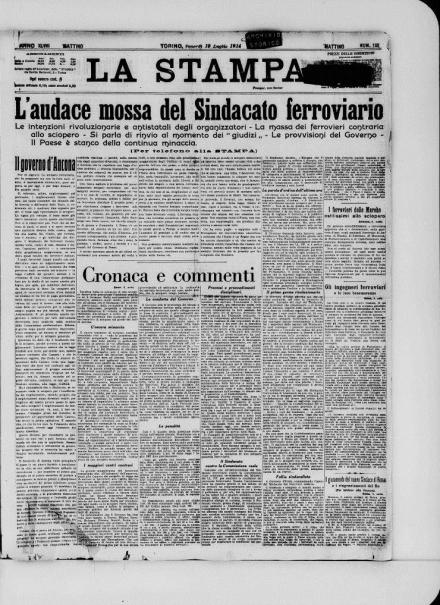 La prima pagina de La Stampa del 10 luglio 1914