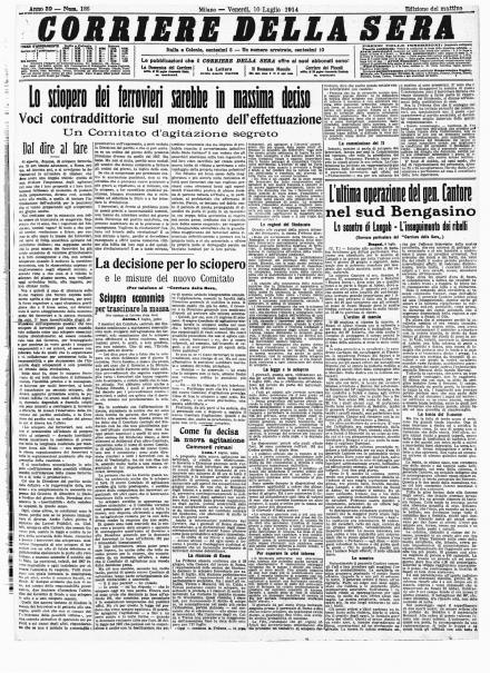 La prima pagina del Corriere della Sera del 10 luglio 1914