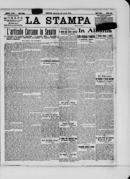 La prima pagina de La Stampa del 12 luglio 1914