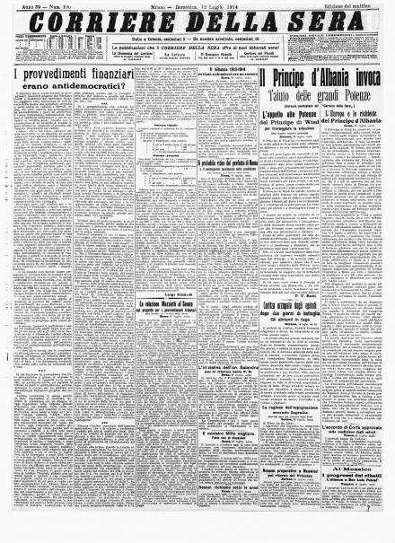 La prima pagina del Corriere della Sera del 12 luglio 1914