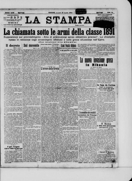 La prima pagina de La Stampa del 13 luglio 1914