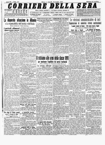 La prima pagina del Corriere della Sera del 13 luglio 1914
