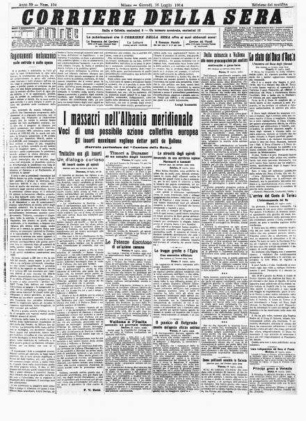 La prima pagina del Corriere della Sera del 16 luglio 1914