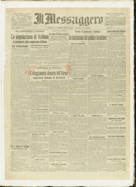 La prima pagina de Il Messaggero del 17 luglio 1914