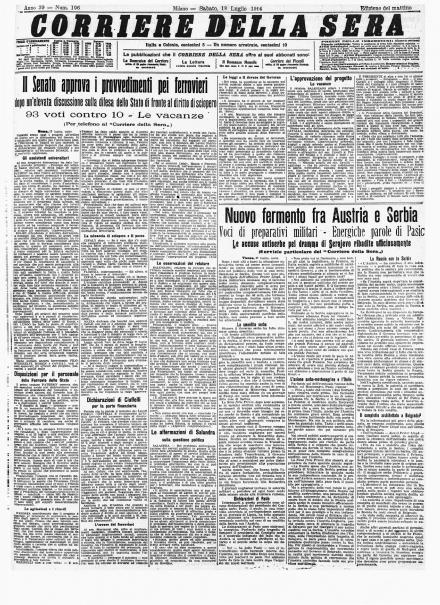 La prima pagina del Corriere della Sera del 18 luglio 1914