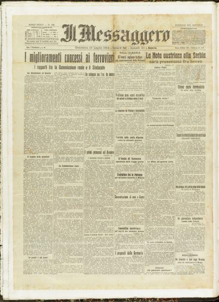 La prima pagina de Il Messaggero del 19 luglio 1914