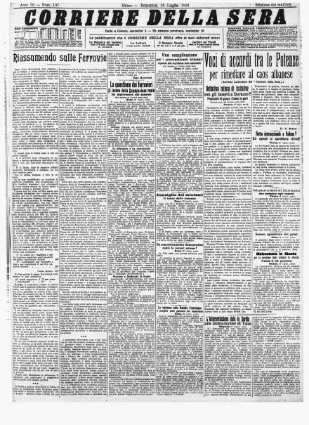 La prima pagina del Corriere della Sera del 19 luglio 1914