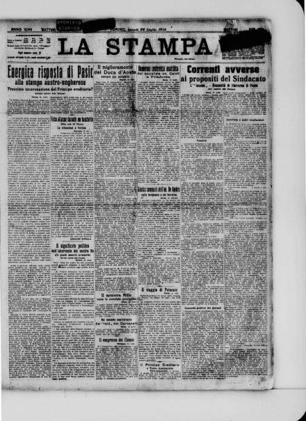 La prima pagina de La Stampa del 20 luglio 1914