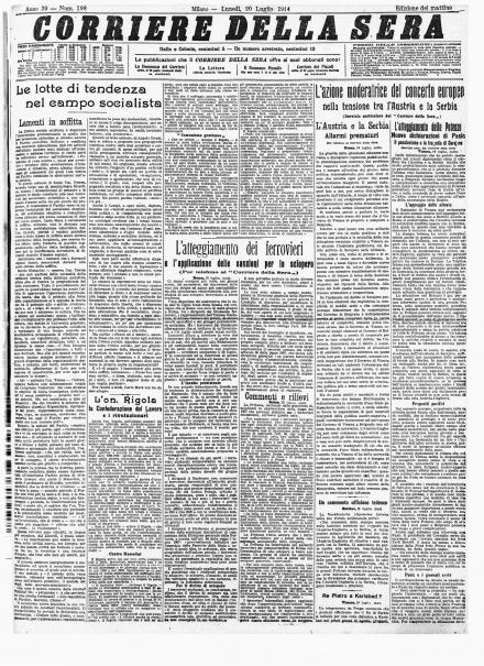 La prima pagina del Corriere della Sera del 20 luglio 1914