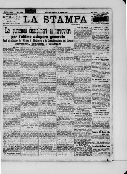 La prima pagina de La Stampa del 21 luglio 1914