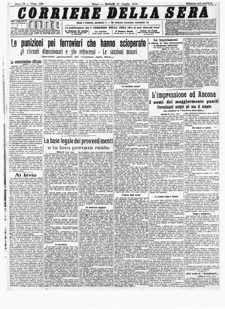La prima pagina del Corriere della Sera del 21 luglio 1914 