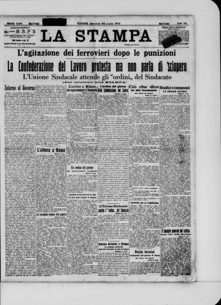 La prima pagina de La Stampa del 22 luglio 1914