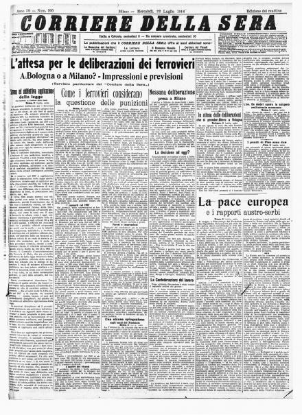 La prima pagina del Corriere della Sera del 22 luglio 1914