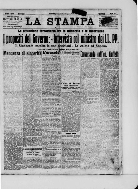 La prima pagina de La Stampa del 23 luglio 1914