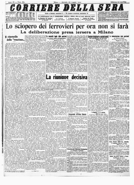 La prima pagina del Corriere della Sera del 23 luglio 1914