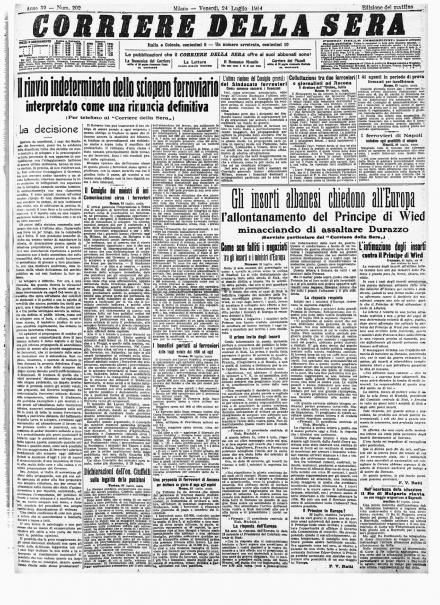 La prima pagina del Corriere della Sera del 24 luglio 1914