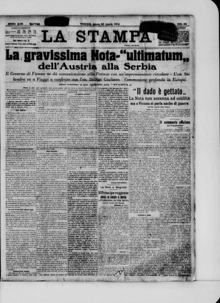 La prima pagina de La Stampa del 25 luglio 1914
