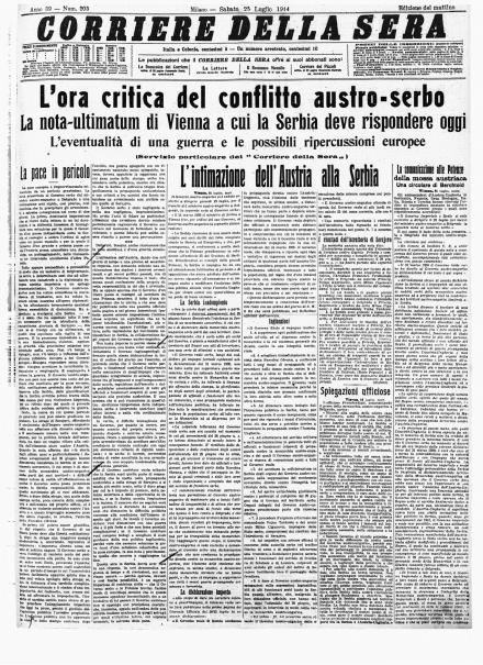 La prima pagina del Corriere della Sera del 25 luglio 1914